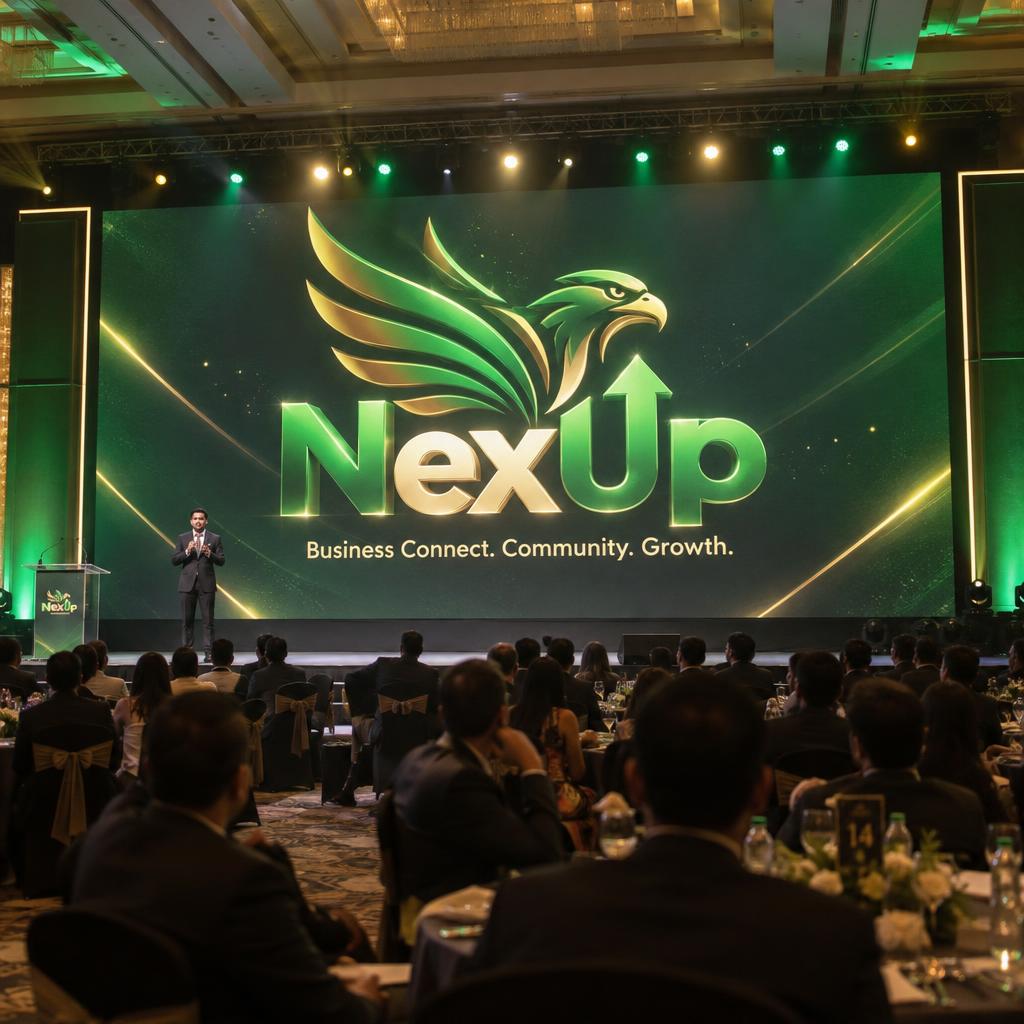 NexUp-branded LED stage in a premium corporate conference hall with entrepreneurs networking at business tables